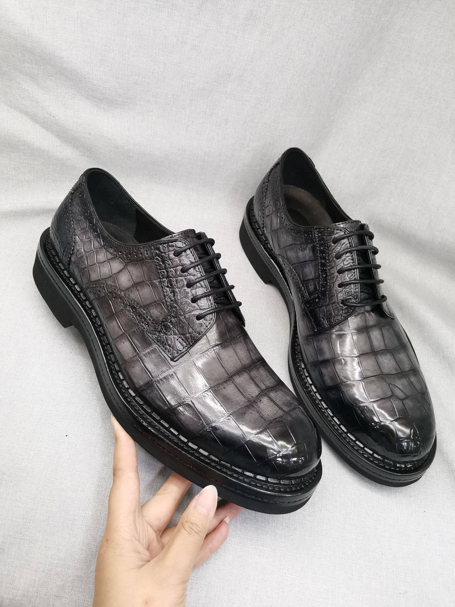 Crocodile Shoes Mens Genuine Crocodile Leather Derby Lace Up Dress Shoe Vintage Grey