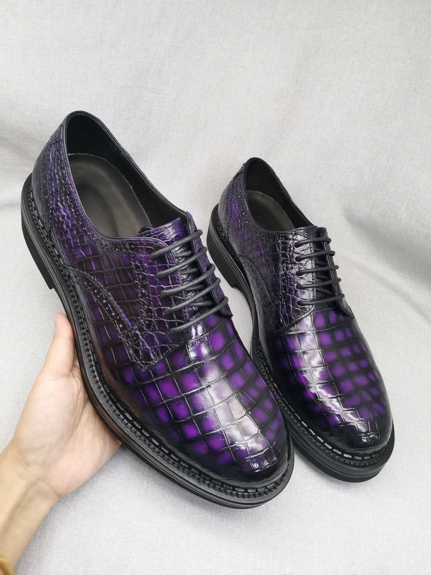 Crocodile Shoes Mens Genuine Crocodile Leather Derby Lace Up Dress Shoe Vintage Purple