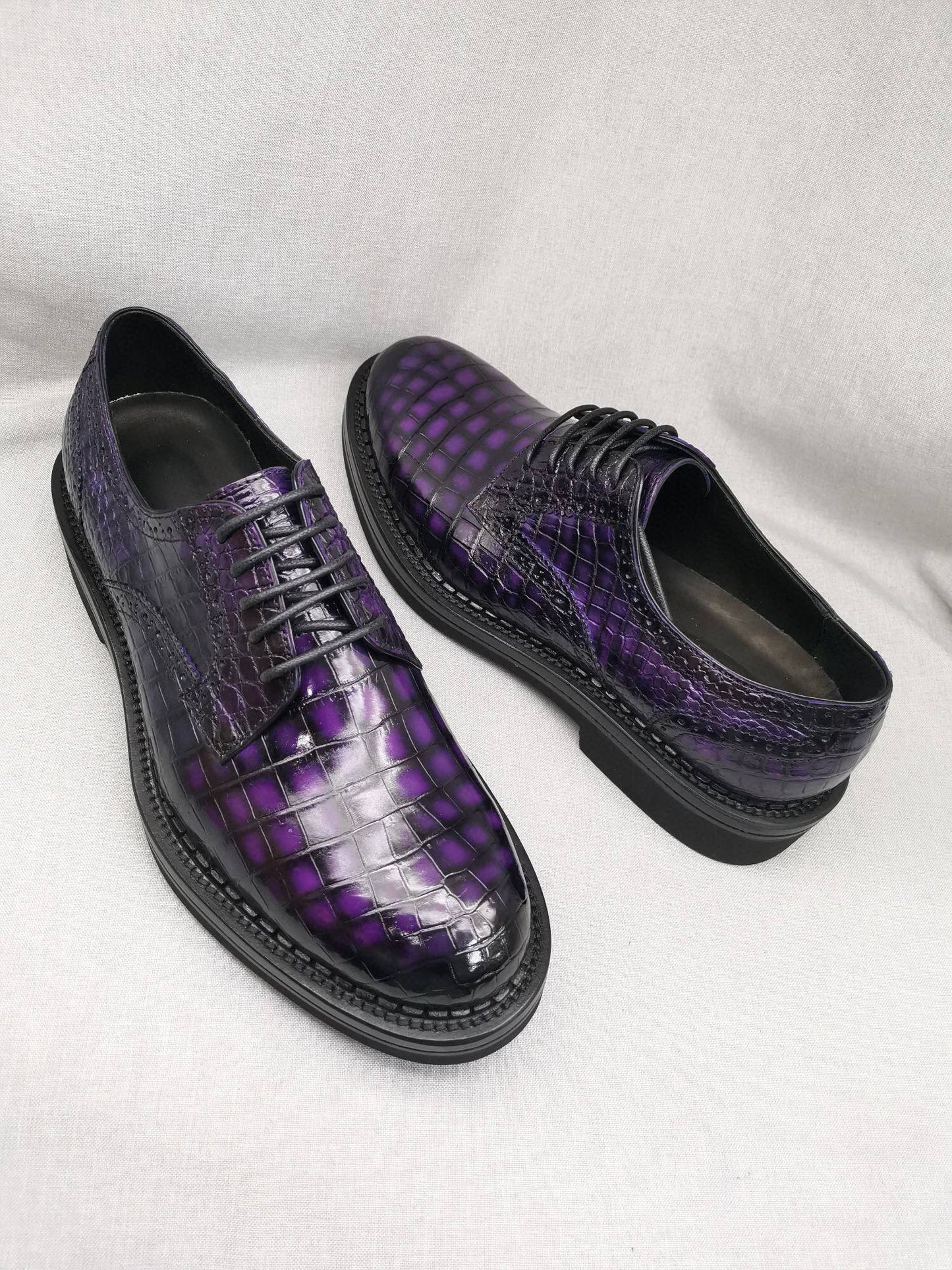 Crocodile Shoes Mens Genuine Crocodile Leather Derby Lace Up Dress Shoe Vintage Purple