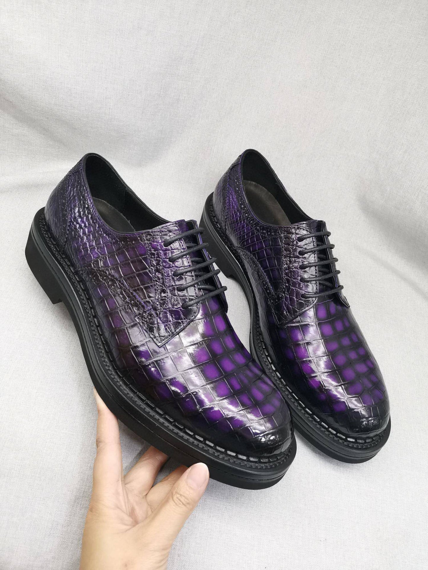 Crocodile Shoes Mens Genuine Crocodile Leather Derby Lace Up Dress Shoe Vintage Purple