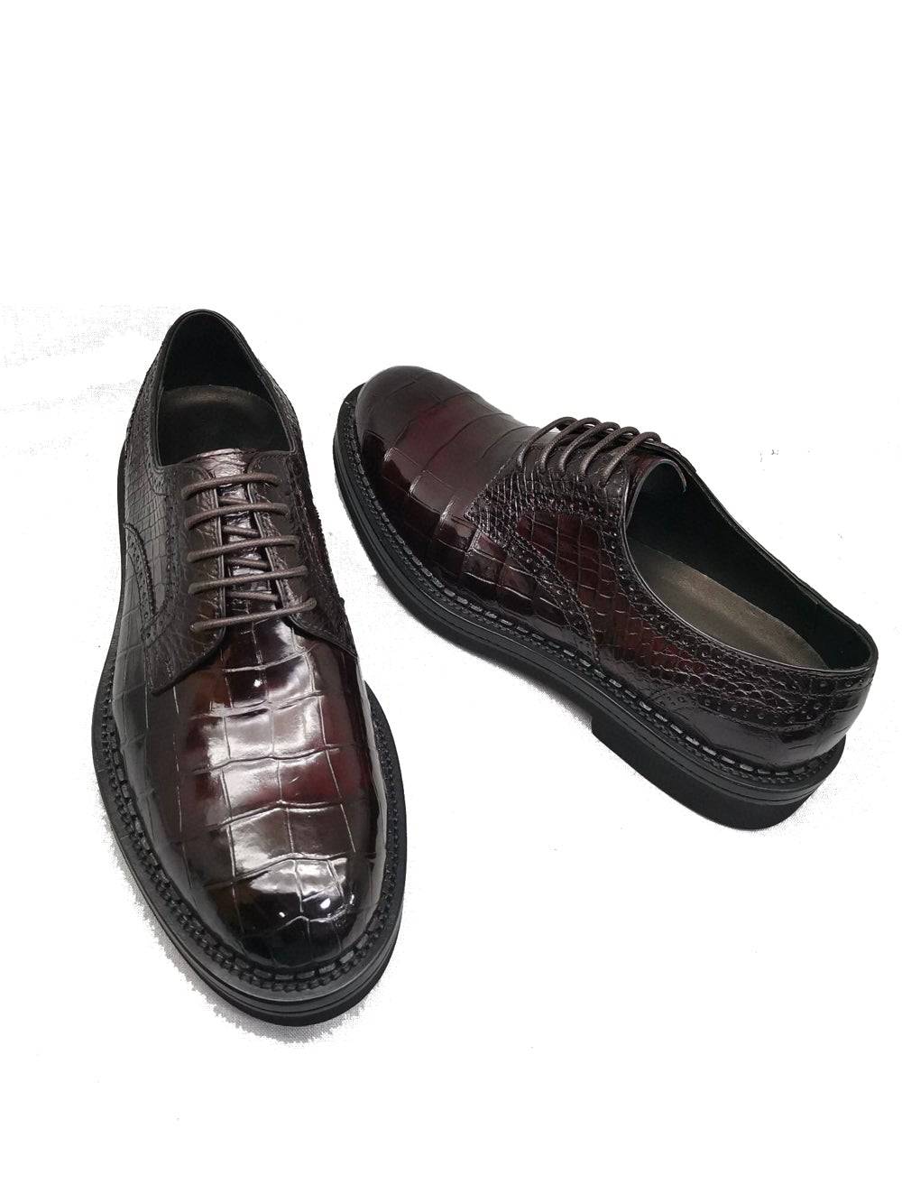 Crocodile Shoes Mens Genuine Crocodile Leather Derby Lace Up Dress Shoe Vintage Wine Red