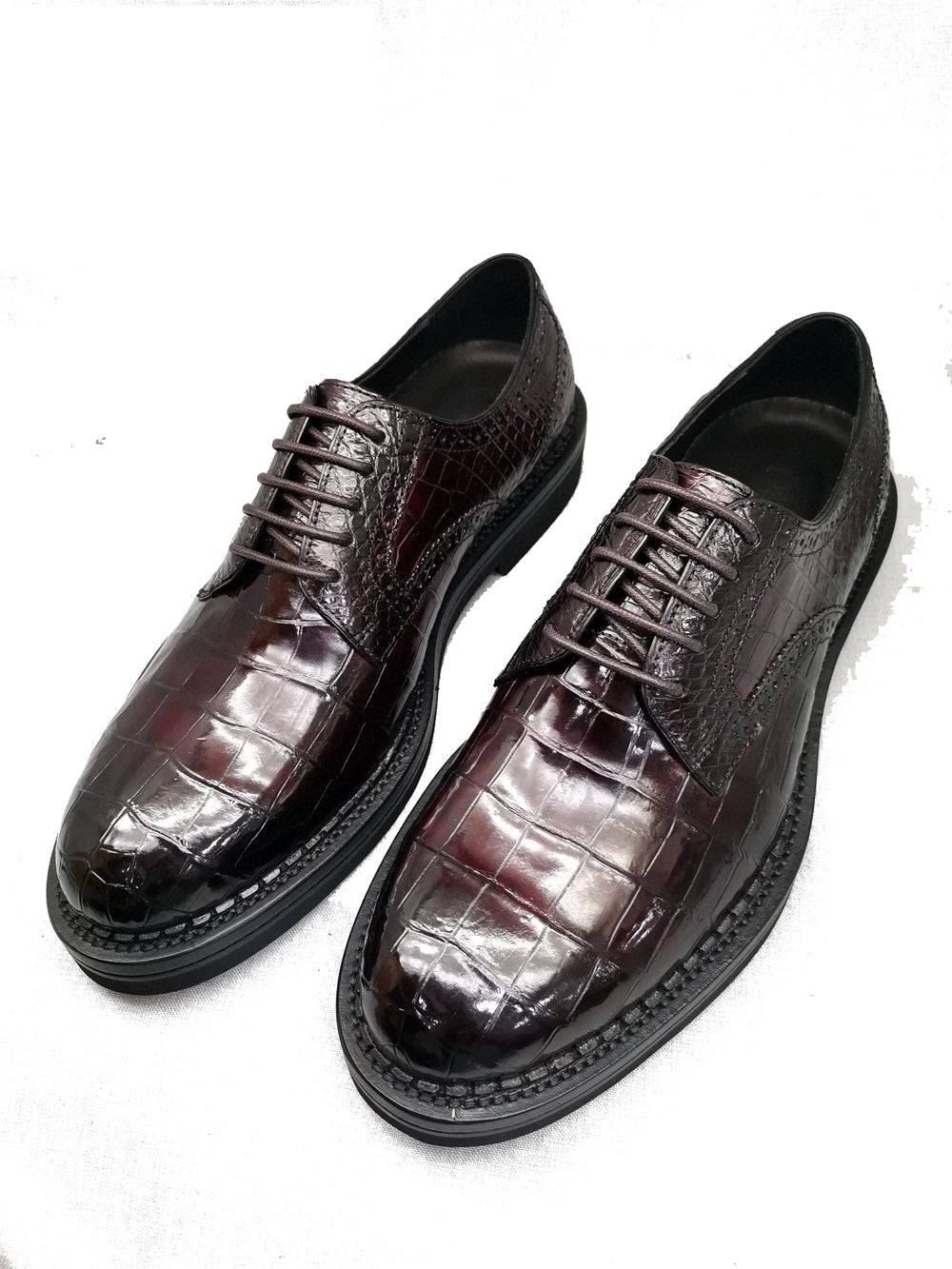 Crocodile Shoes Mens Genuine Crocodile Leather Derby Lace Up Dress Shoe Vintage Wine Red