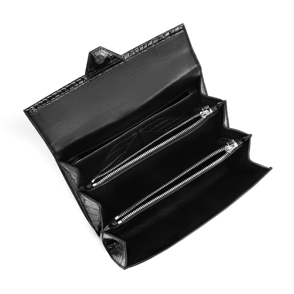 Men's black genuine crocodile leather clutch bag with high gloss finish and beaded detailing by Rossie Viren.
