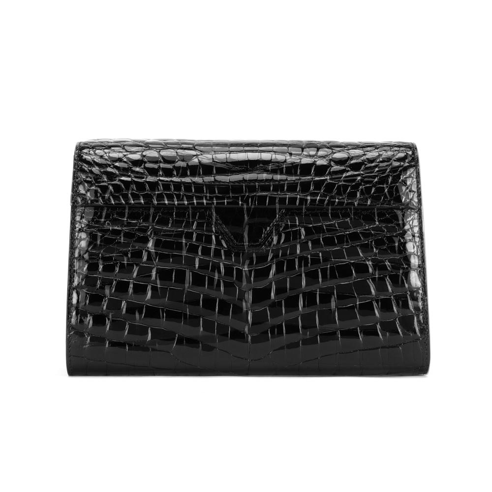 Men's black crocodile leather clutch bag with high gloss finish and beaded detailing, by Rossie Viren.