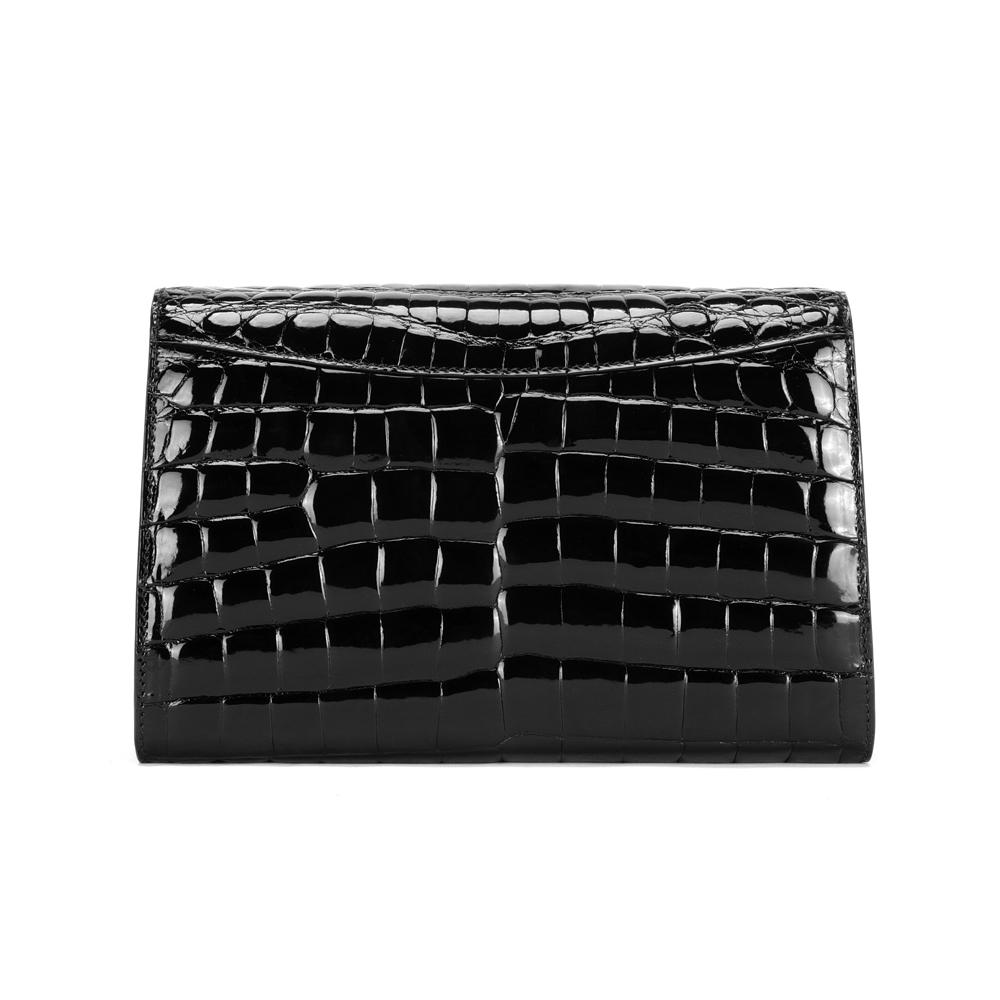 Mens black genuine crocodile leather clutch bag with high gloss finish and beaded accents, stylish and sophisticated.
