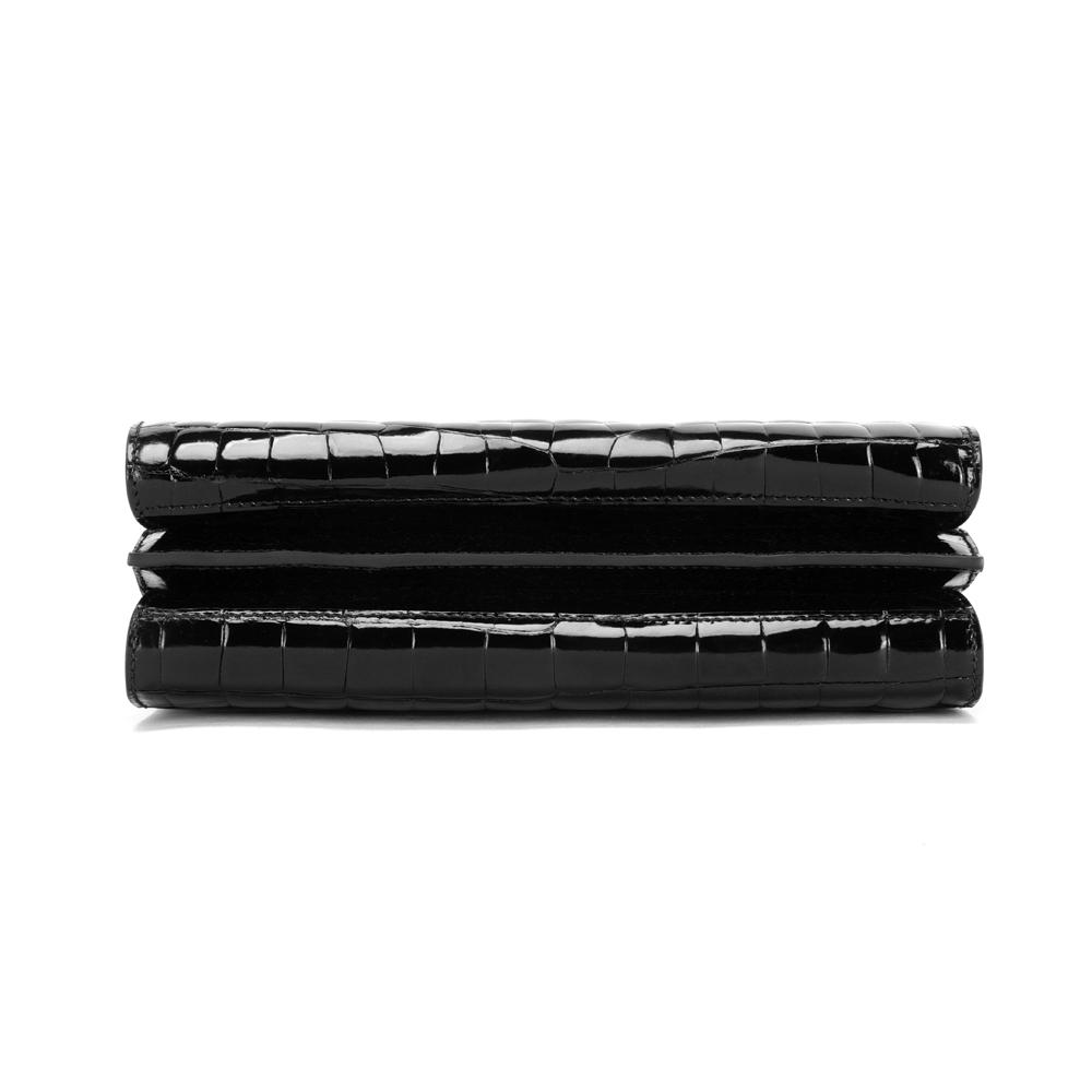 Mens black crocodile leather clutch bag by Rossie Viren with high glossy finish and beaded detailing.