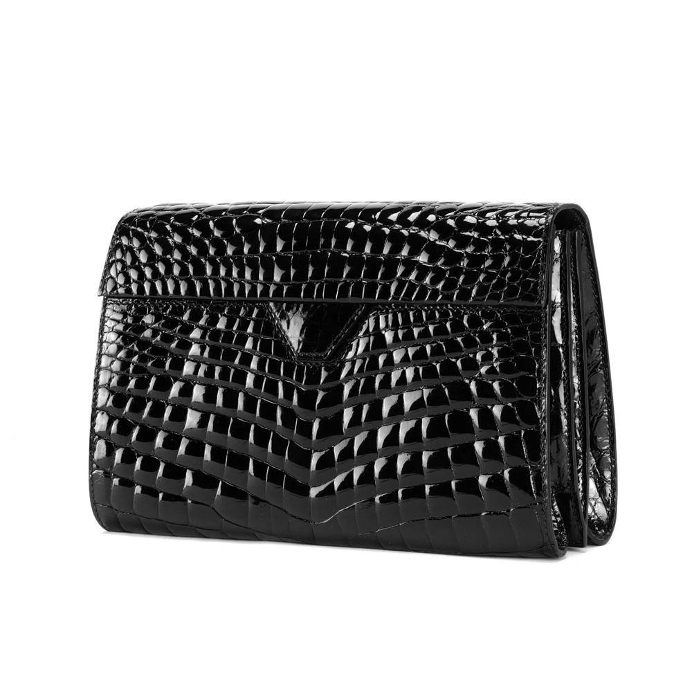 Men's black genuine crocodile leather clutch bag with high gloss finish and beaded detailing by Rossie Viren.