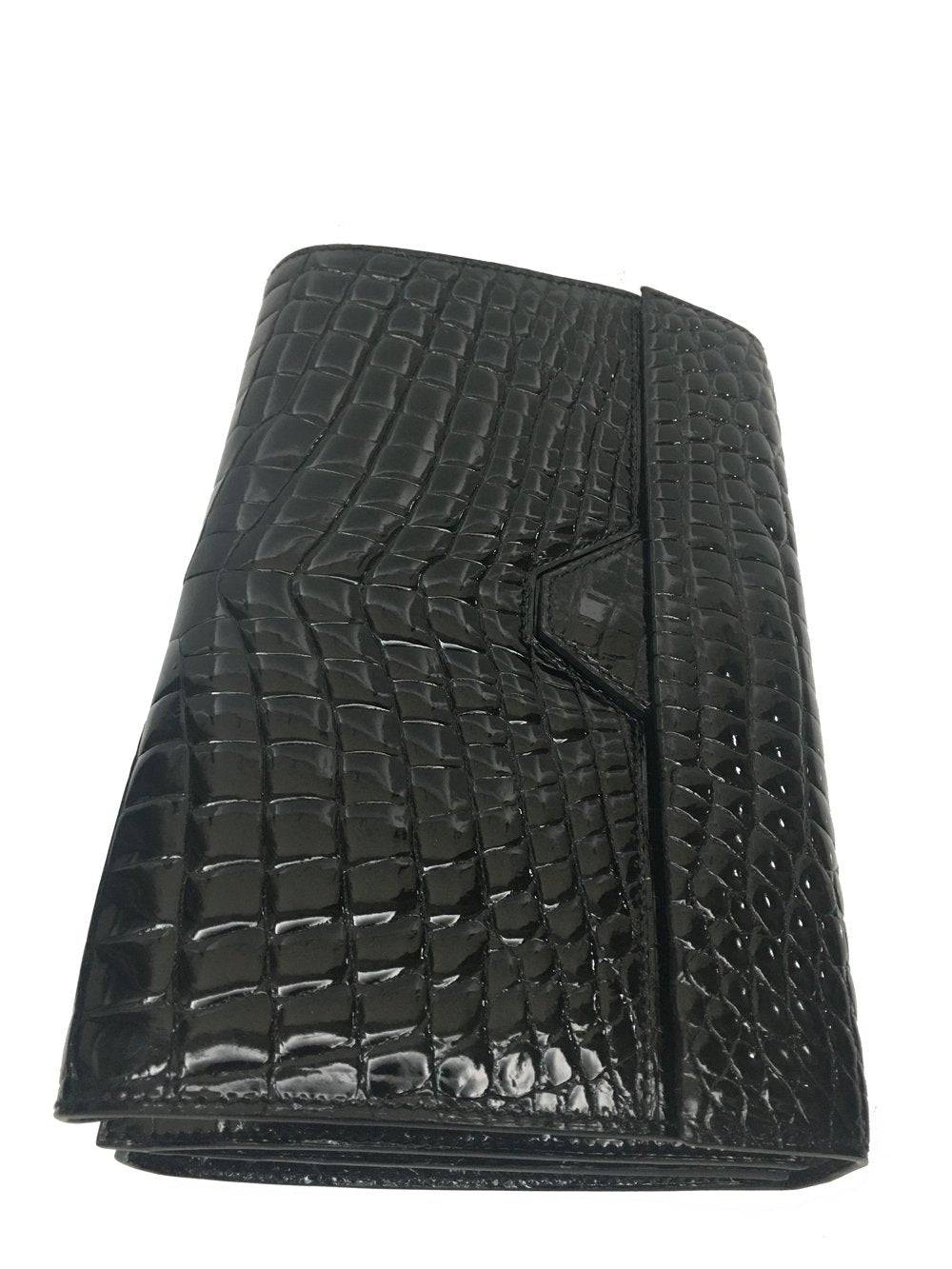 Men's black crocodile leather clutch bag with high gloss finish and beaded detailing by Rossie Viren.