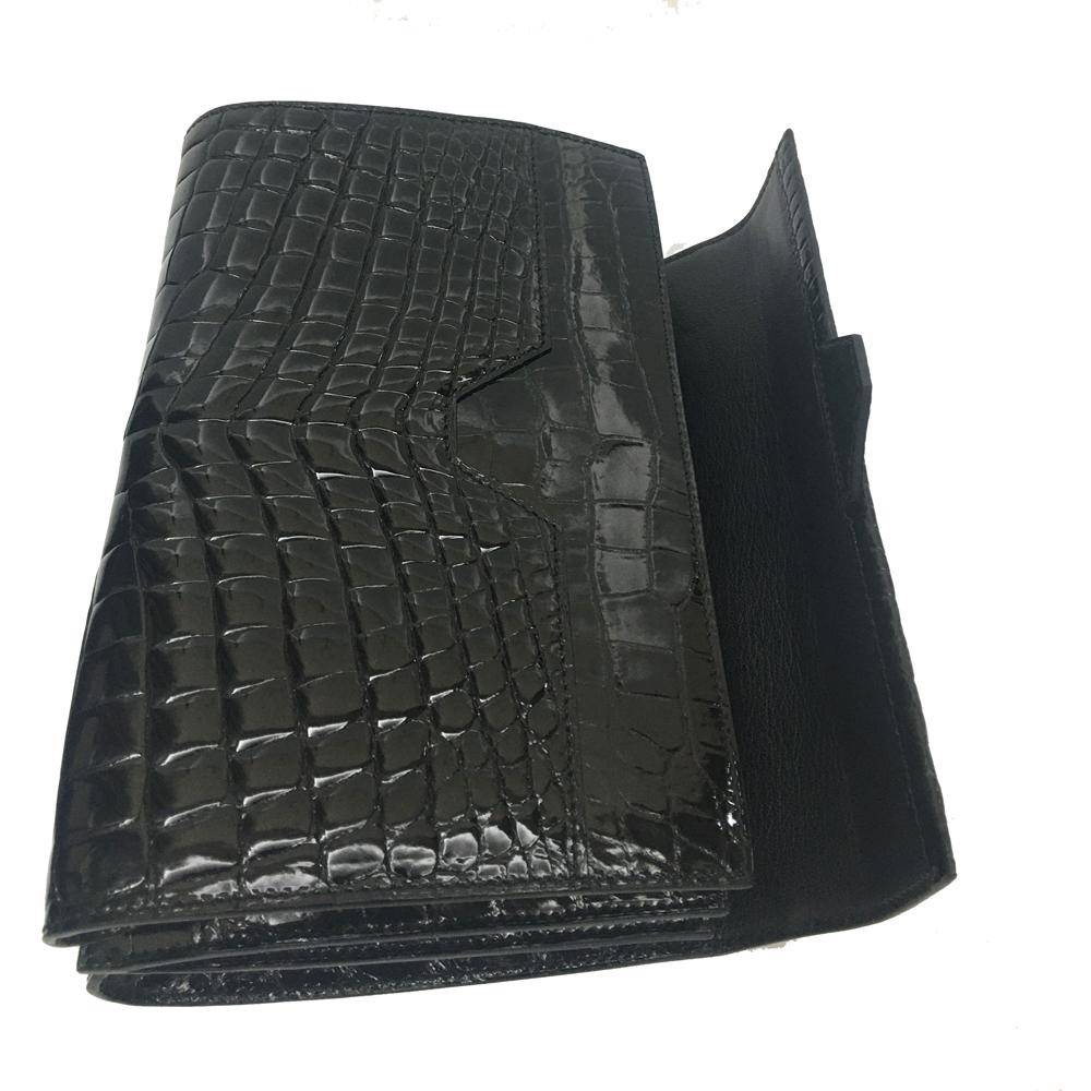 Mens black genuine crocodile leather clutch bag with high gloss finish and beaded accents, stylish Rossie Viren accessory.
