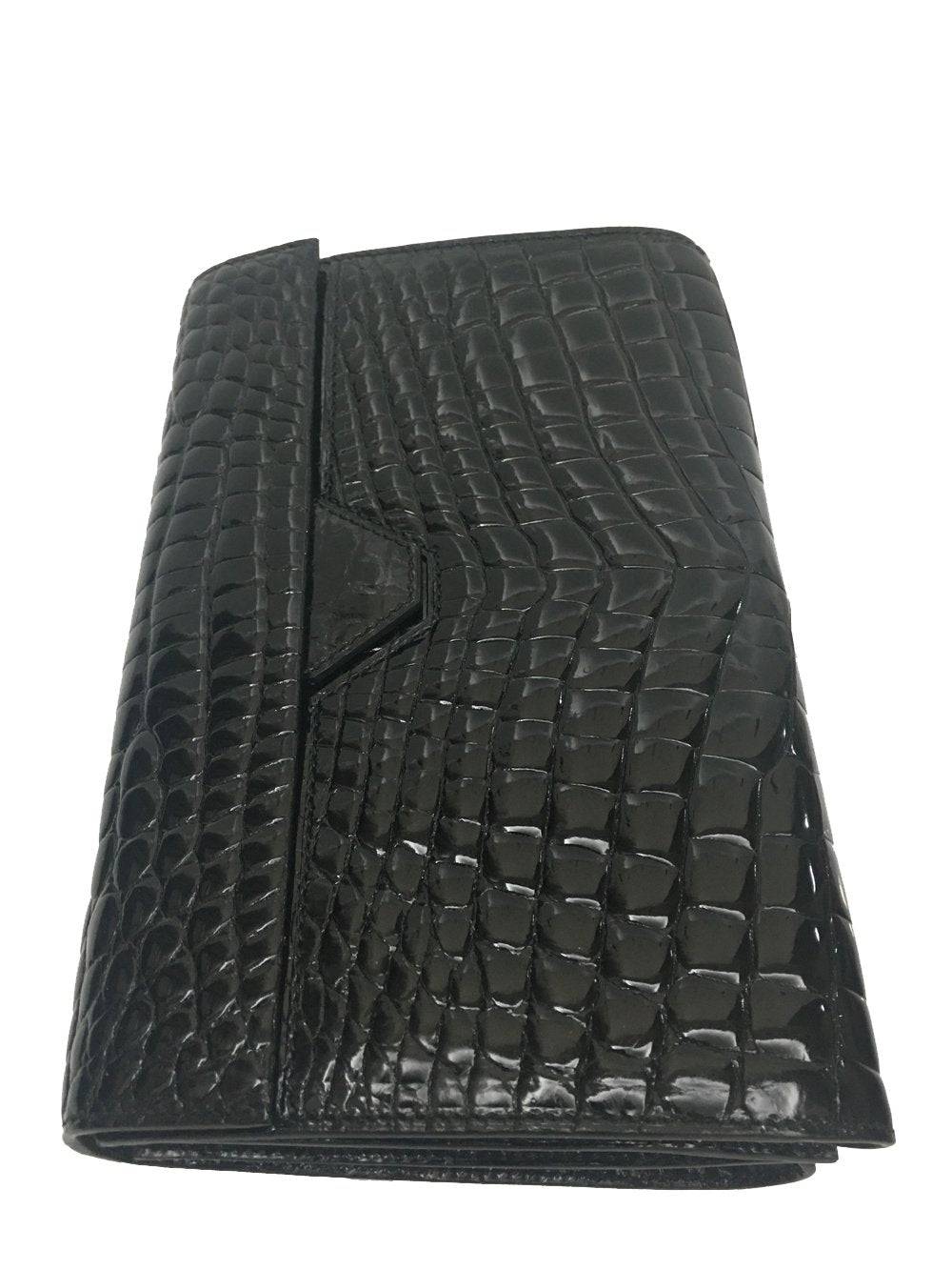 Men's genuine crocodile leather clutch bag by Rossie Viren in high glossy black with beaded detailing and sleek design.