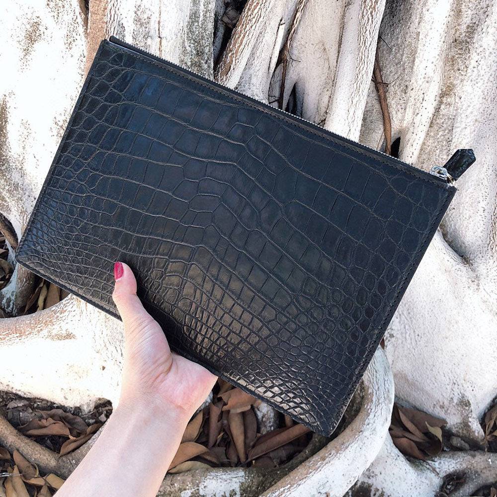 Preorder Mens Matt Genuine Crocodile Skin Leather Clutch Large Coffee