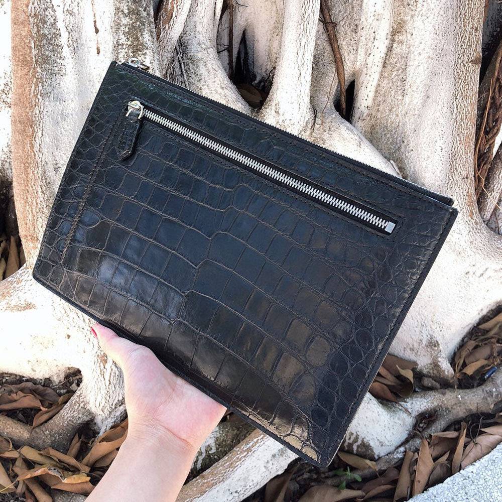 Preorder Mens Matt Genuine Crocodile Skin Leather Clutch Large Coffee