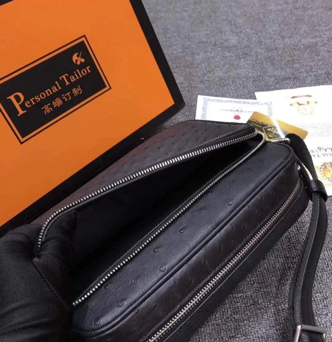 Men's messenger bag made of ostrich leather, Rossie Viren cross body shoulder handbag with a sleek, stylish design.