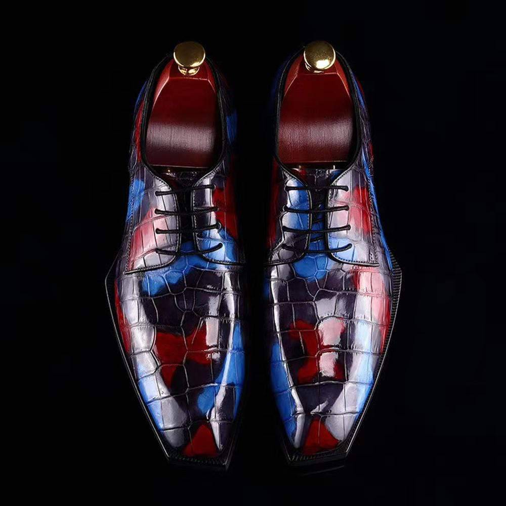Crocodile Shoes Mens Multi Color Square Toe Lace Up Genuine Crocodile Leather Dress Shoe