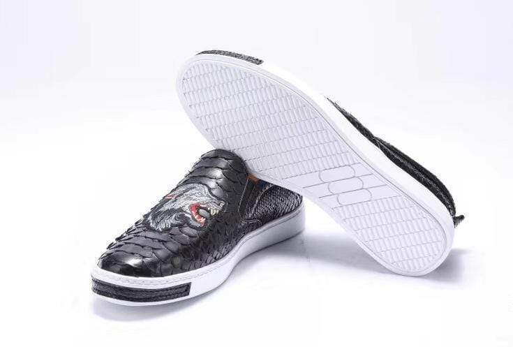 Crocodile Shoes Mens Python Leather With Grey Embroidery Tiger Driving Shoes  Slip on Flats Walking Shoes