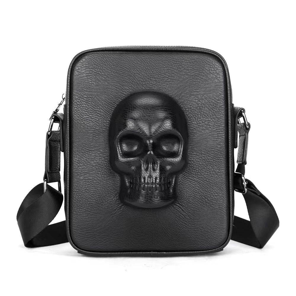 Black 3D skull design messenger shoulder bag for men by Rossie Viren, featuring a bold, modern style and durable shoulder strap.