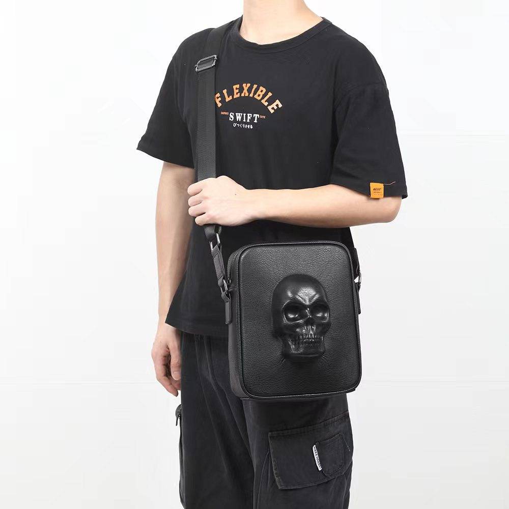 Black 3D skull design mens messenger shoulder bag by Rossie Viren, featuring a stylish and functional black leather-look handbag.
