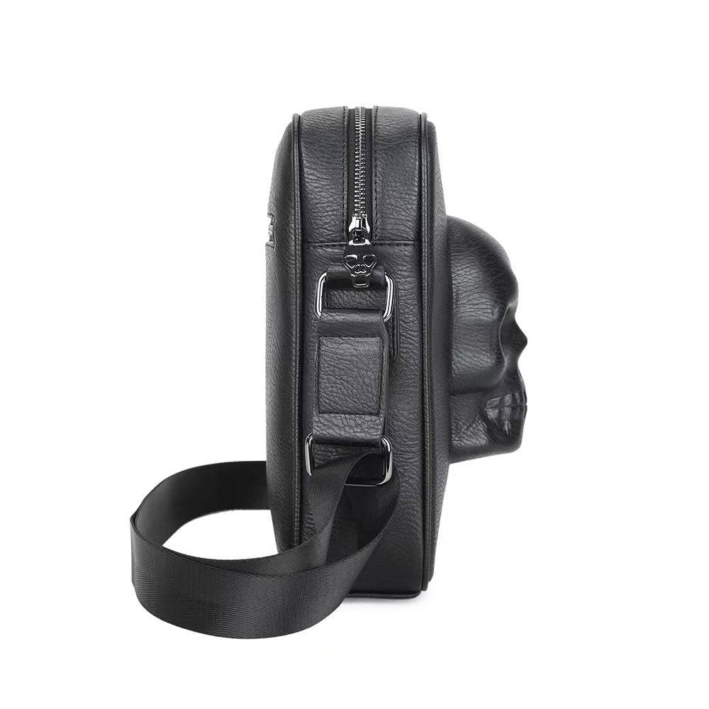 Black 3D skull design messenger shoulder bag for men by Rossie Viren, featuring a bold and stylish skull motif.