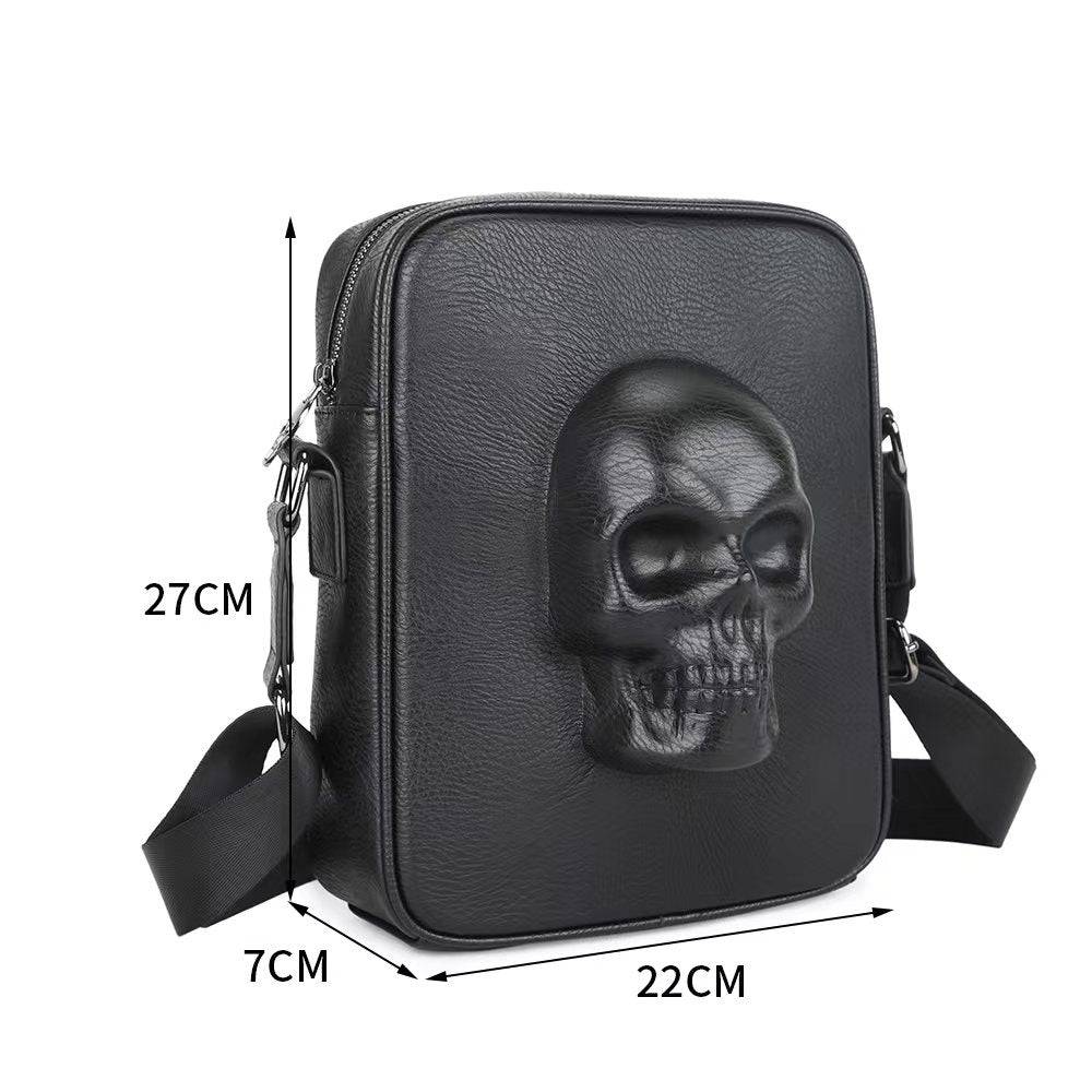 Black 3D skull design messenger shoulder bag for men by Rossie Viren, featuring a stylish and durable accessory.