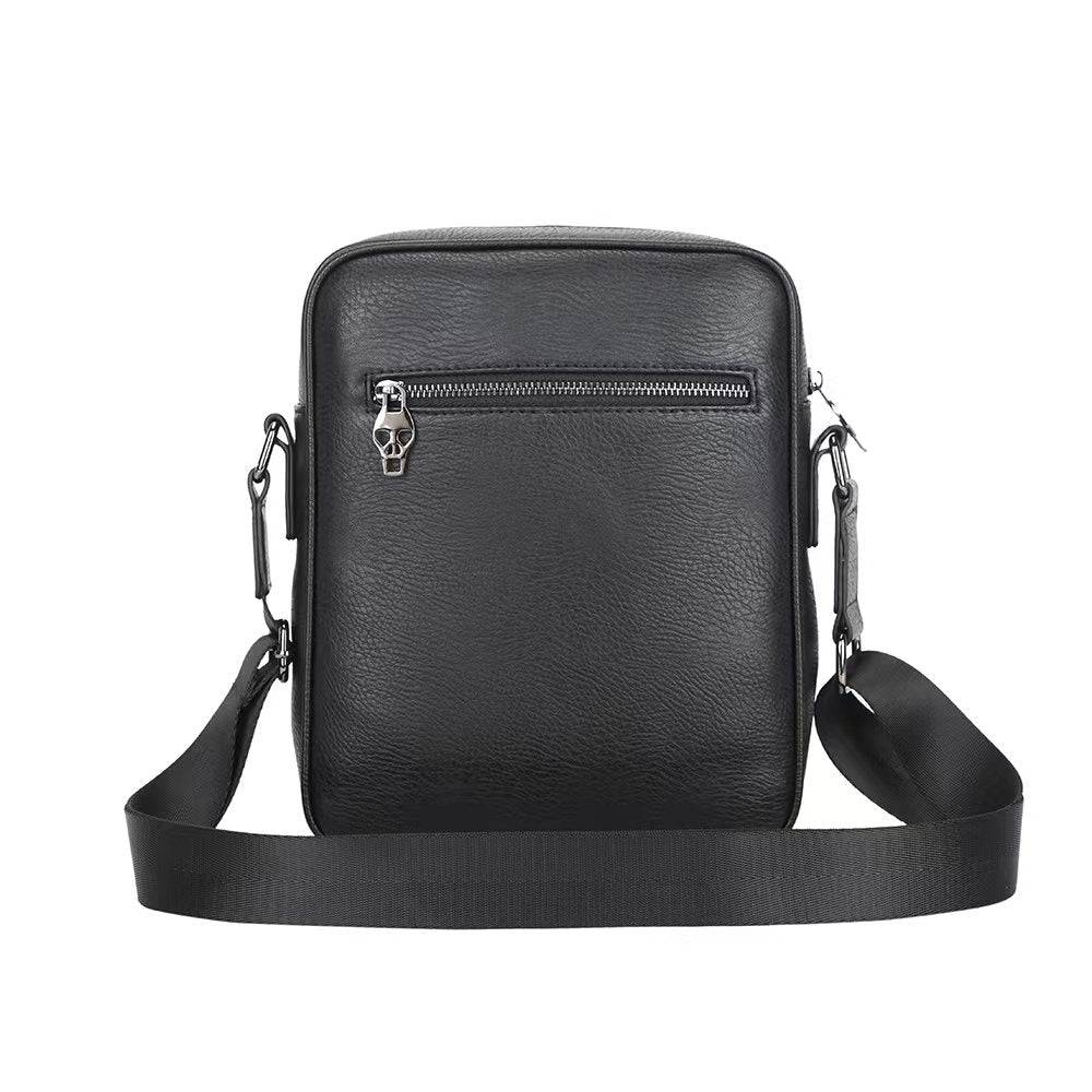 Black 3D skull design messenger shoulder bag for men by Rossie Viren, featuring a stylish and functional accessory.
