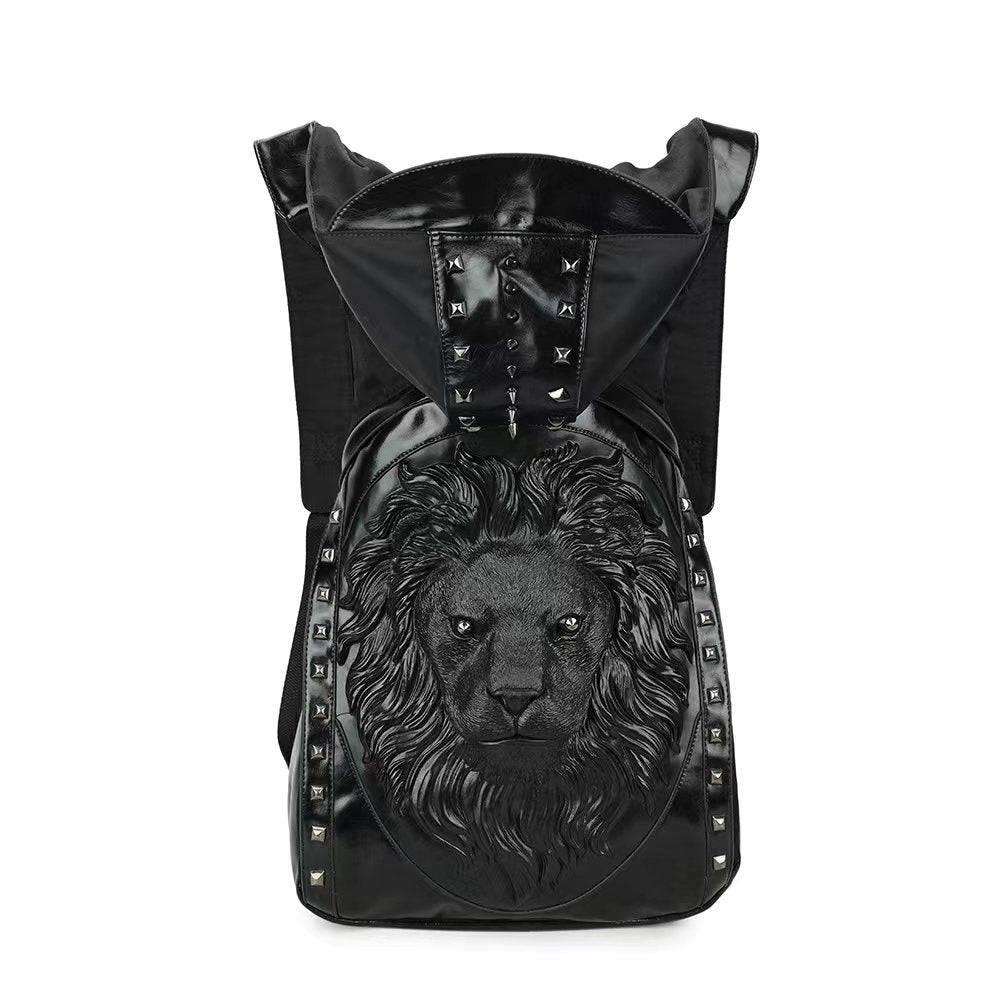 Mens 3D Lion King hooded messenger backpack by Rossie Viren with studded lion face design and adjustable straps.