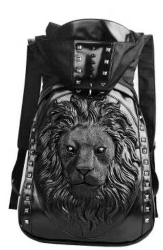 Mens 3D Studded Lion King Hooded Messenger Backpack by Rossie Viren, featuring a bold lion design and hooded style.