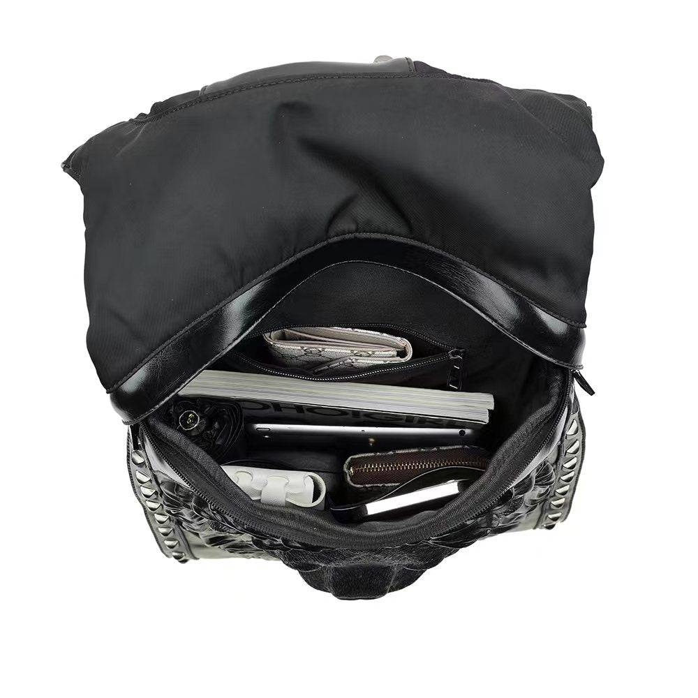 Mens 3D Lion King hooded messenger backpack by Rossie Viren with studded design and spacious compartments.