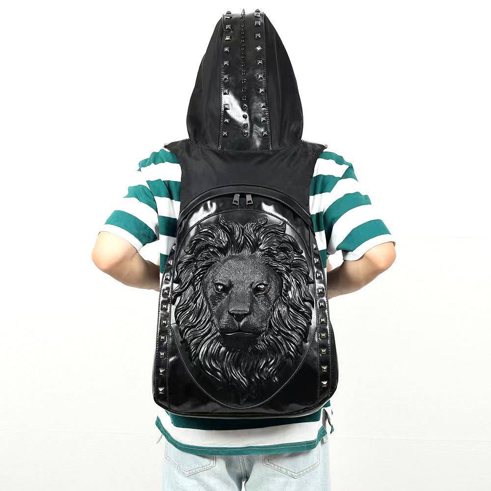 Mens 3D Lion King hooded backpack by Rossie Viren, studded messenger bag with lion design and hooded feature.
