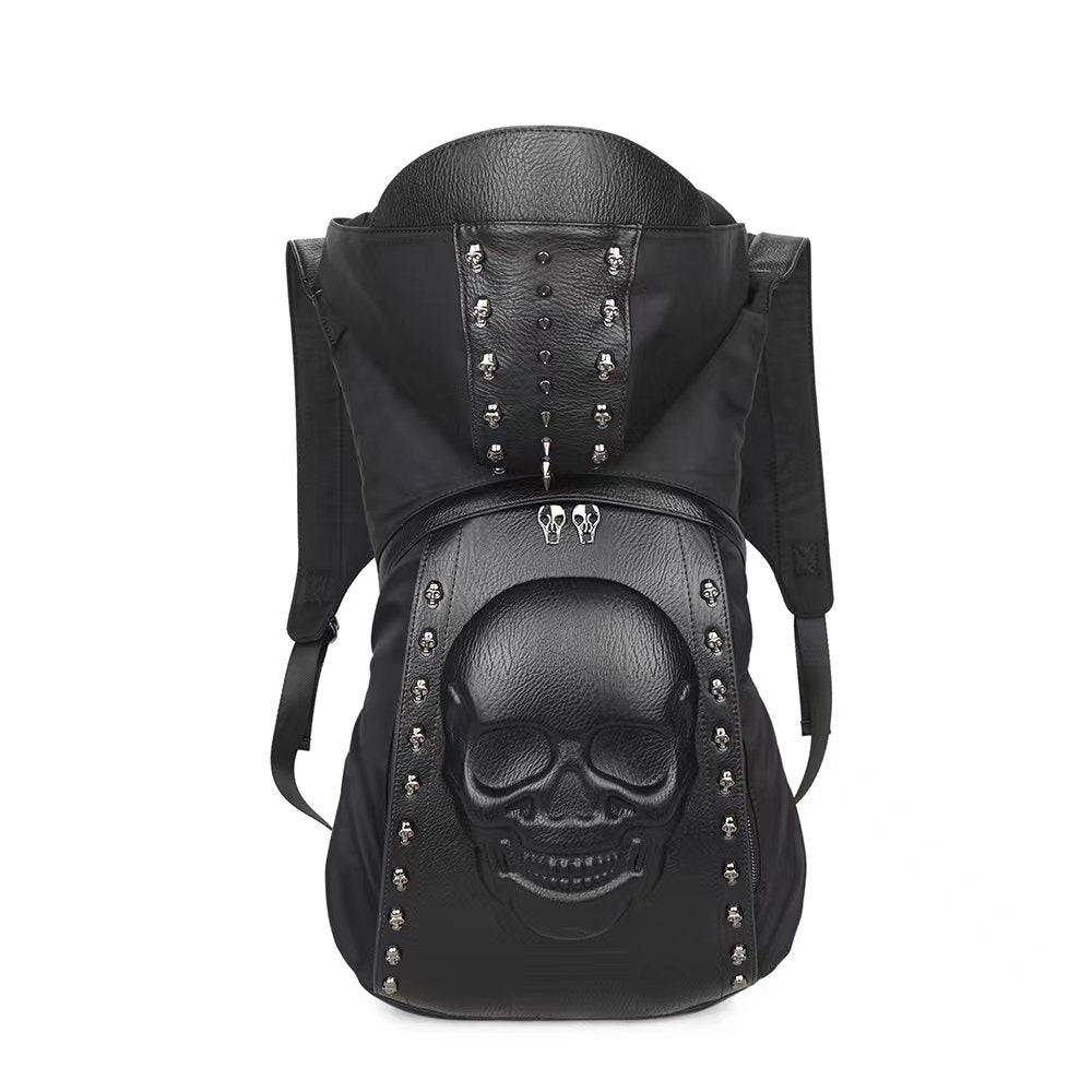 Mens 3D studded smiling skull messenger backpack by Rossie Viren with hooded design and large capacity for everyday use.