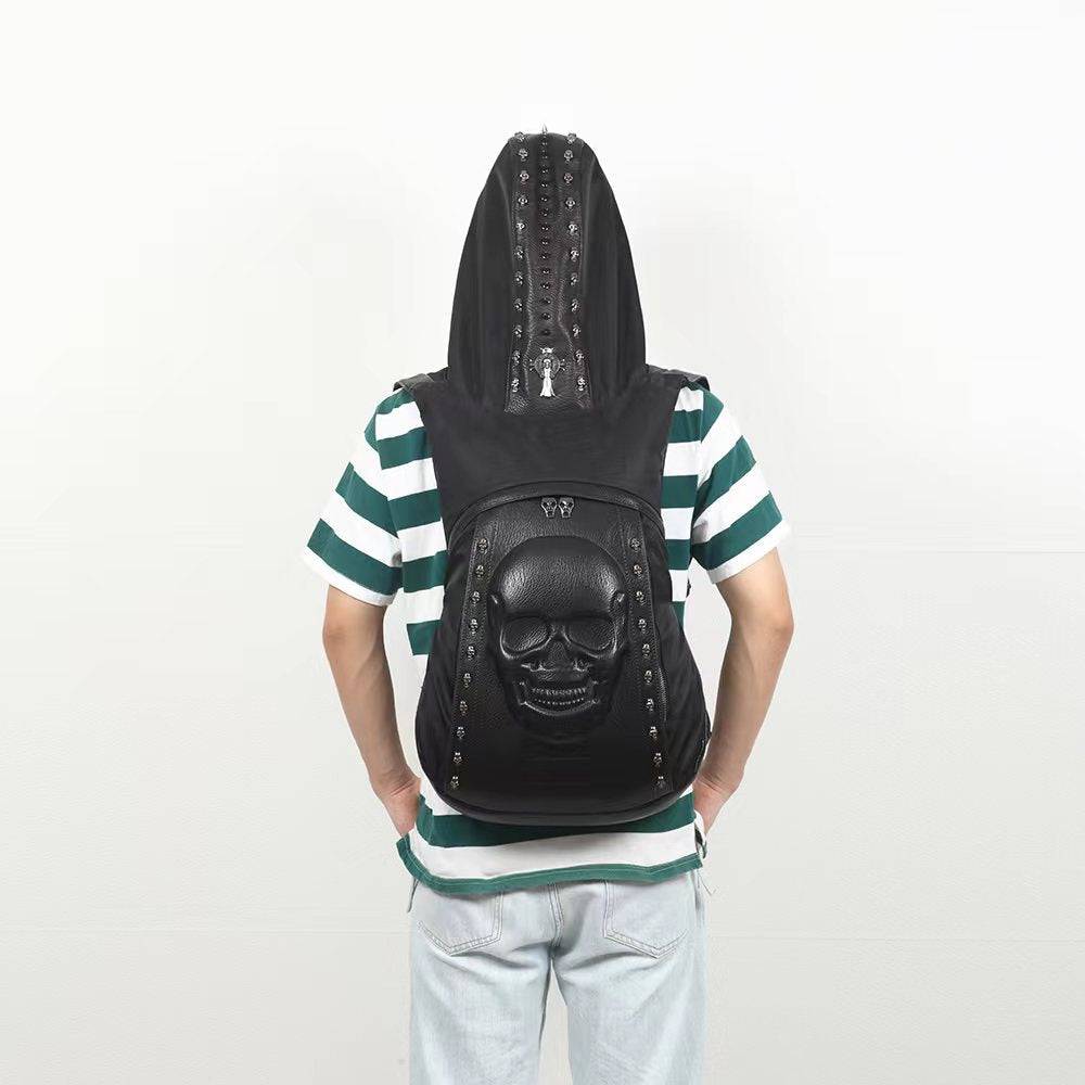 Mens 3D studded smiling skull hoodie backpack by Rossie Viren, large messenger bag with edgy design and bold detailing.