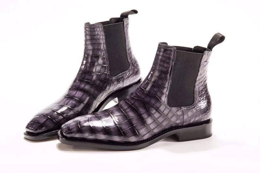 Crocodile Shoes Mens  Vintage Grey Crocodile Leather Ankle Dress Chelsea Boots