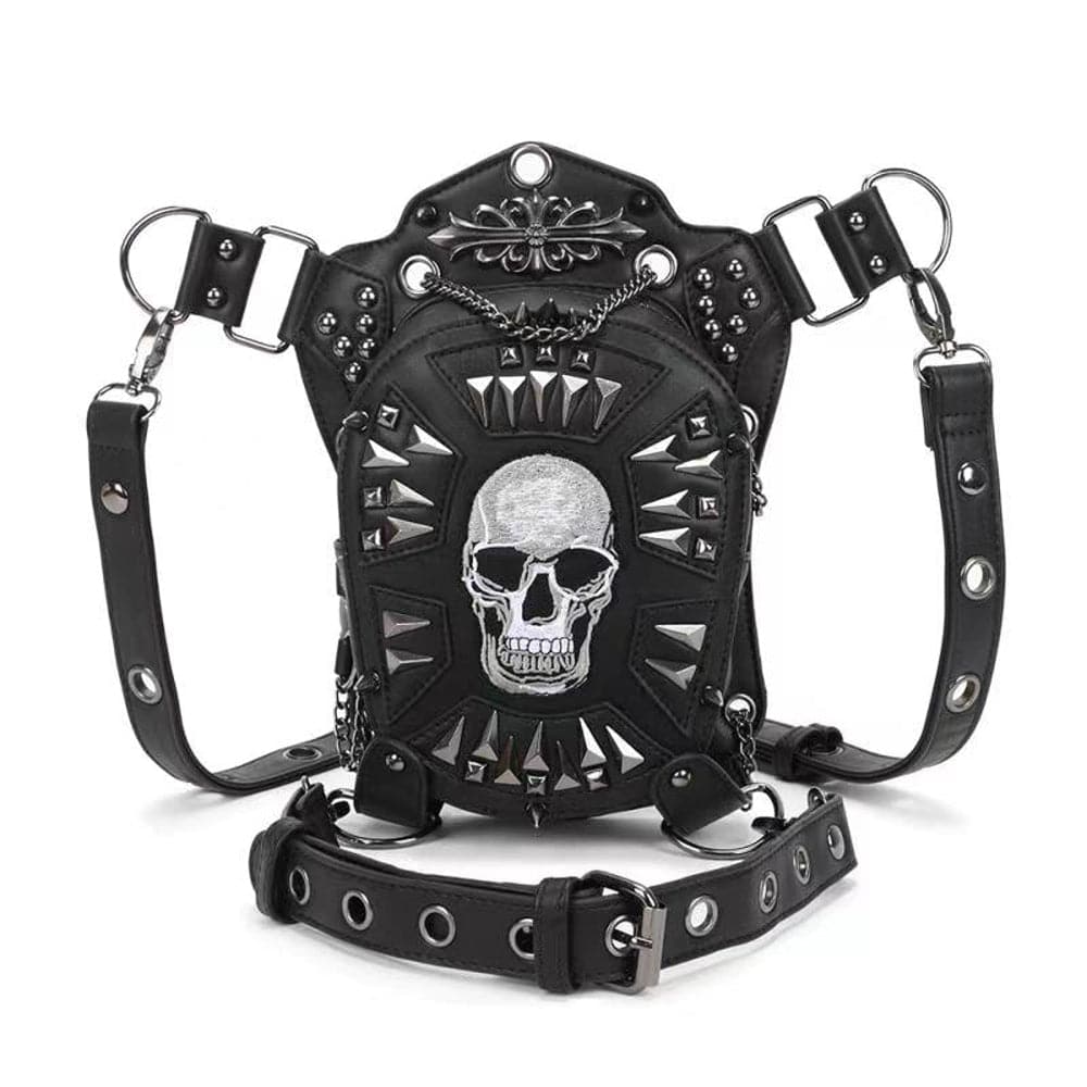 Rossie Viren 3D studded hip-hop chest bag with skull design, versatile crossbody sling bag for men and women in punk style.