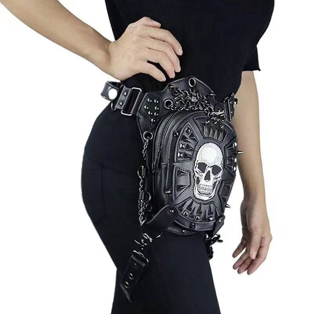 Rossie Viren 3D studded hip-hop chest bag with skull design, crossbody style, perfect for men and women, punk-inspired accessory.