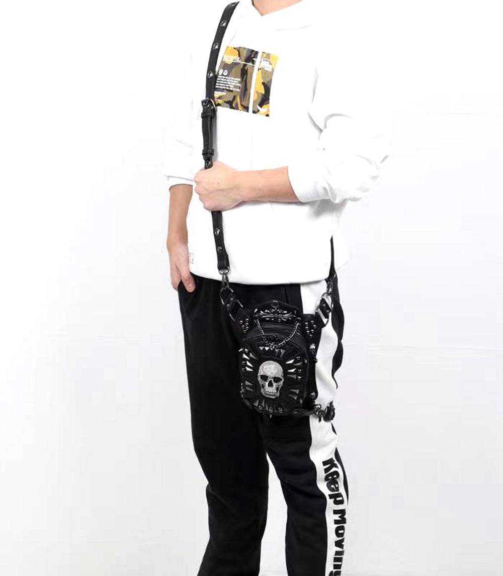 Rossie Viren 3D studded hip-hop chest bag with skull design, cross body style, suitable for men and women, punk fashion accessory.