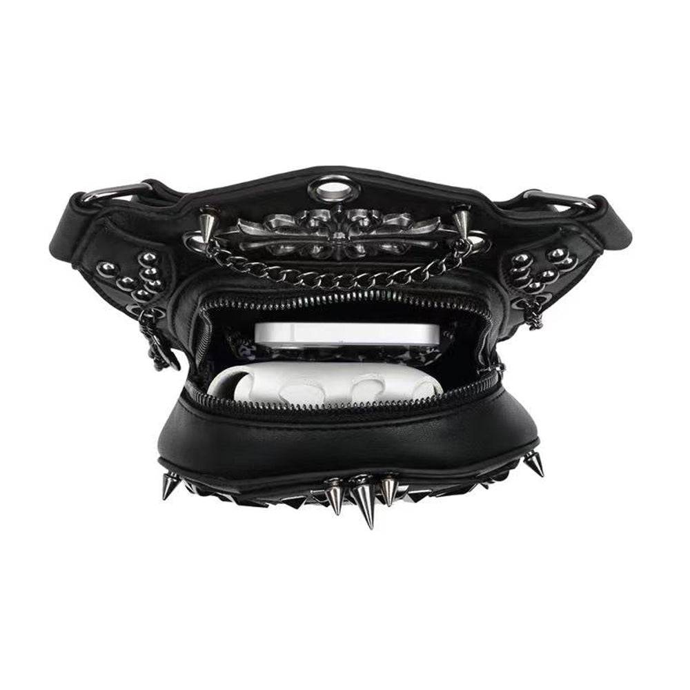 Rossie Viren 3D studded skull chest bag for men and women, multi-functional hip-hop sling bag with cross-body and shoulder strap.