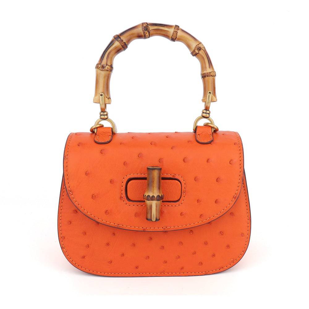 Rossie Viren ostrich leather nano bamboo top handle cross body bag with sleek design and structured silhouette.