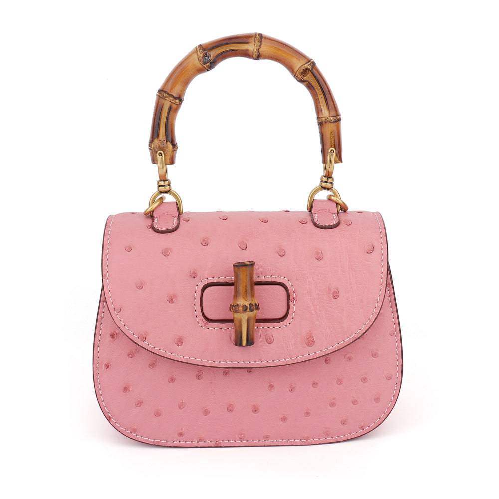 Rossie Viren ostrich leather nano bamboo top handle crossbody handbag with a sleek design and structured silhouette.