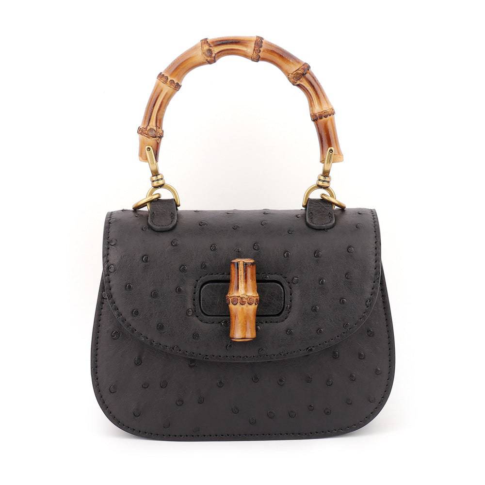 Rossie Viren ostrich leather nano bamboo top handle cross-body handbag with sleek design and adjustable strap.