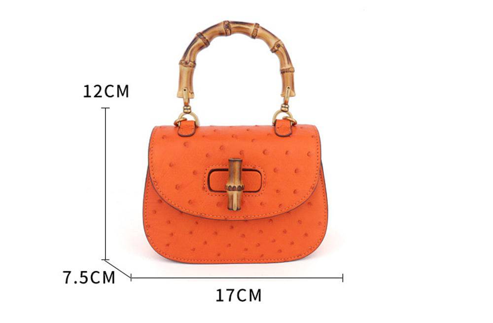 Rossie Viren ostrich leather nano bamboo top handle crossbody handbag with sleek design and adjustable strap.