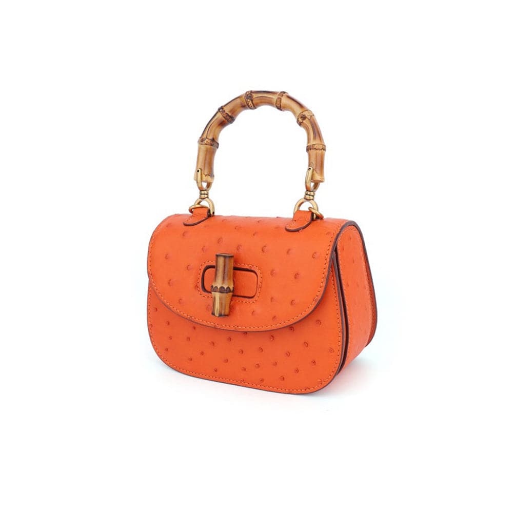 Rossie Viren ostrich leather nano bamboo top handle cross body bag with a sleek design and adjustable strap.