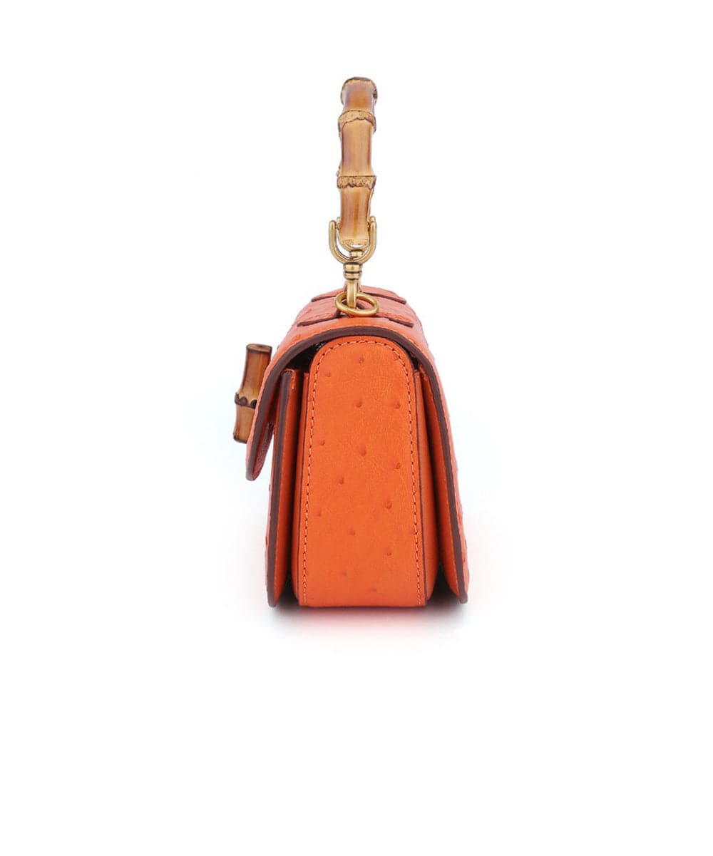 Rossie Viren ostrich leather nano bamboo top handle crossbody handbag with sleek design and compact size.