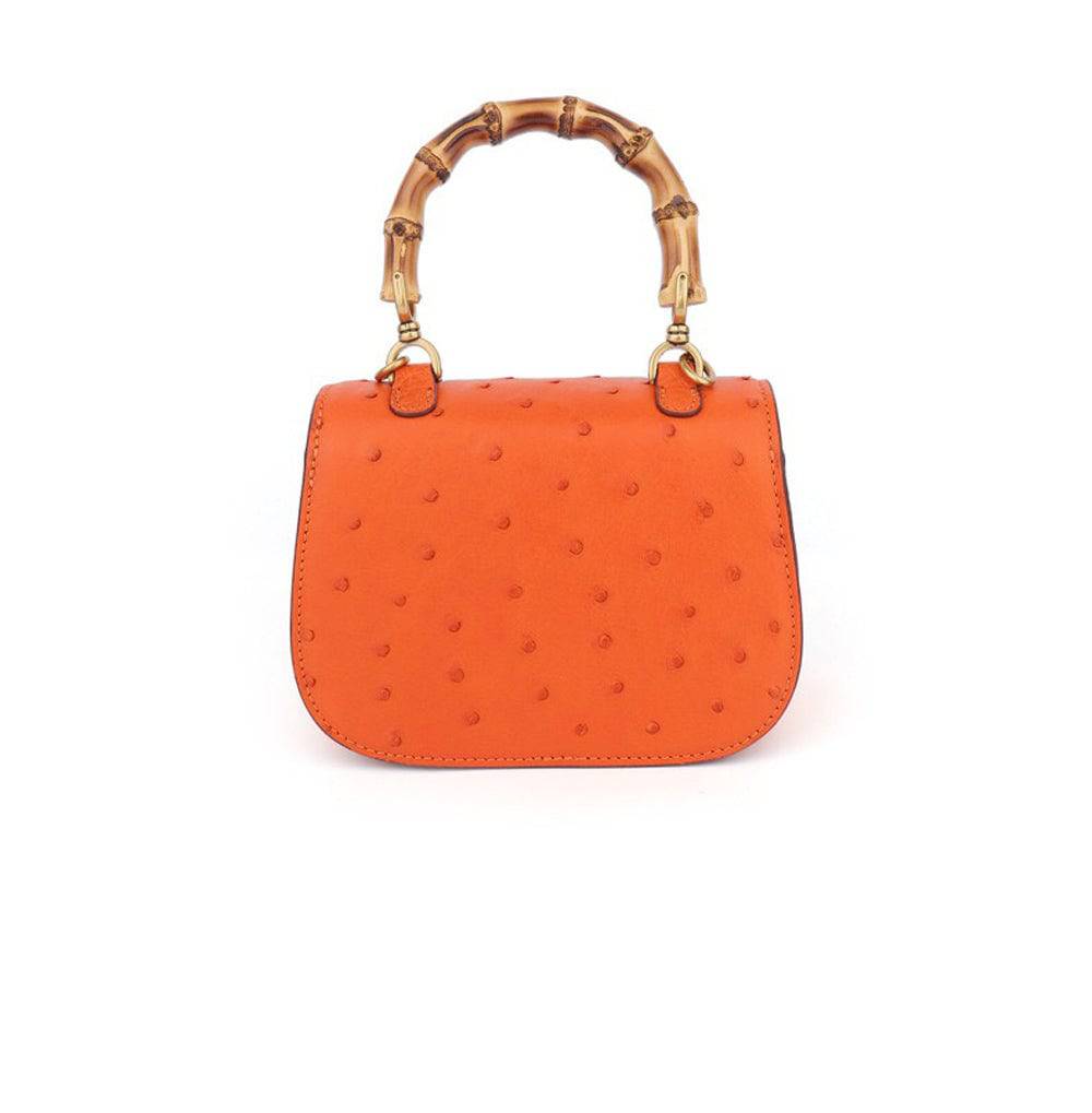 Rossie Viren ostrich leather nano bamboo top handle cross body handbag with sleek design and adjustable shoulder strap.