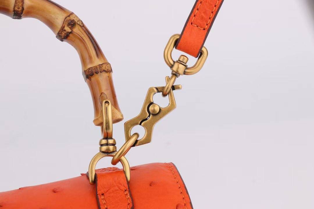 Rossie Viren ostrich leather nano bamboo top handle crossbody handbag with sleek design and compact size.