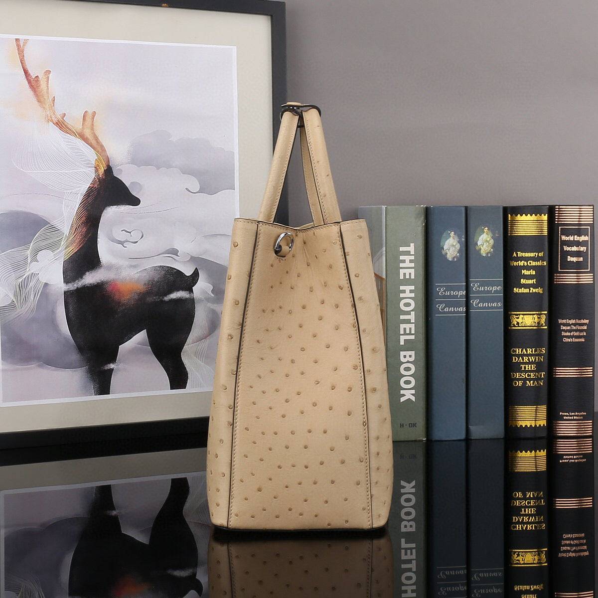 Rossie Viren ostrich leather top handle shoulder bag, 32cm, stylish handbag with textured leather and elegant design.