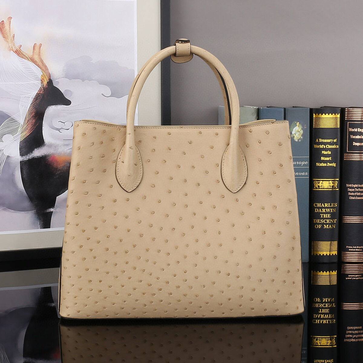 Rossie Viren ostrich leather top handle shoulder bag, 32cm, stylish handbag with a textured, luxurious finish.