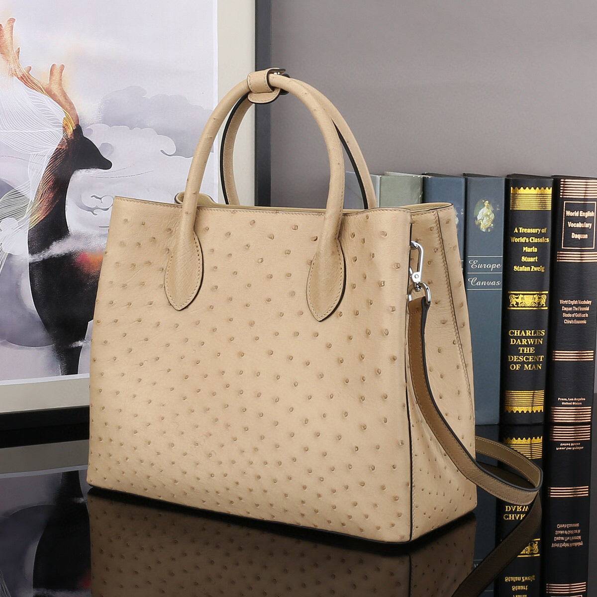 Rossie Viren ostrich leather top handle shoulder bag, 32cm, stylish handbag with textured exotic leather and elegant design.