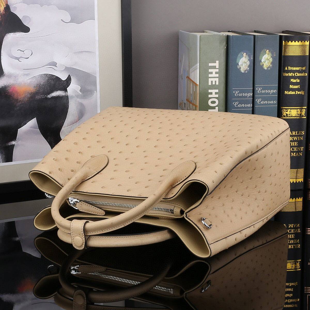 Rossie Viren ostrich leather top handle shoulder bag, 32cm, stylish handbag with textured leather and elegant design.