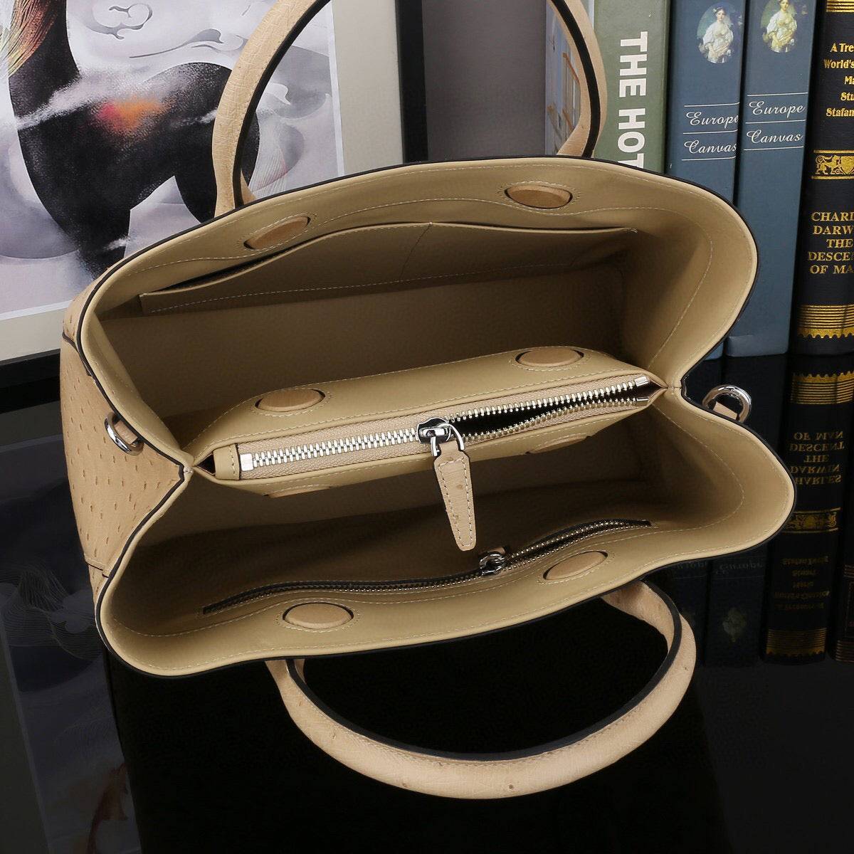 Rossie Viren ostrich leather top handle shoulder bag, 32cm handbag with elegant design and textured leather finish.