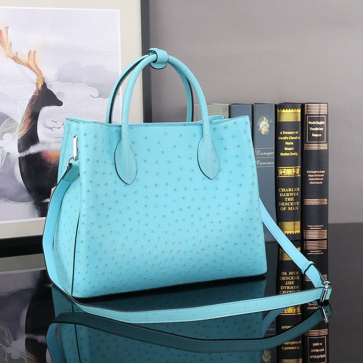 Blue Rossie Viren ostrich leather handbag with top handle and shoulder strap, 32cm size, stylish and luxurious.