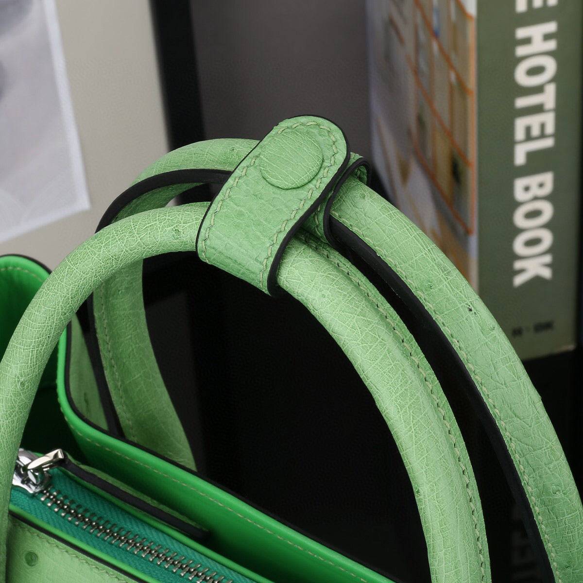 Green ostrich leather handbag with top handle and shoulder strap, 32cm size from Rossie Viren.